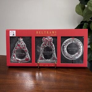 3 Beltrami Ornaments Photo Picture Frames Christmas Silver Red Tree Bell Wreath